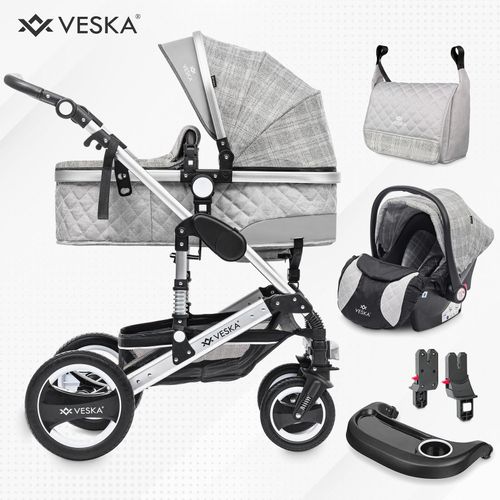 4054748017635 - VESKA® 3 in 1 Kombi-Kinderwagen Buggy Reisebuggy inkl Auto- Babyschale Jogger Faltbar - Silber - grau kariert