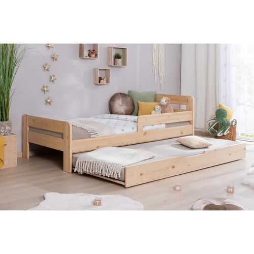 4251105970798 - TiCAA Einzelbett Kinderbett Jugendbett Bennet mit Zusatzbett Rausfallschutz & Lattenrost für Schlafzimmer Kinderzimmer Kiefer Massivholz Bettgestell 120 x 200 cm