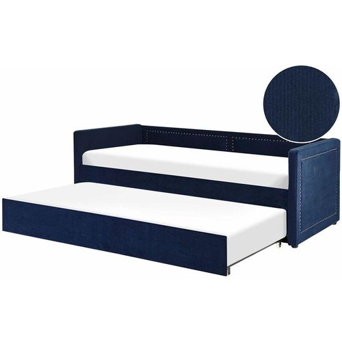 4255664806260 - Tagesbett Marineblau Cord 90 x 200 cm Doppelbett Ausziehbar mit Lattenrost Nieten Jugendbett Modern Glamour Schlafzimmer Wohnzimmer