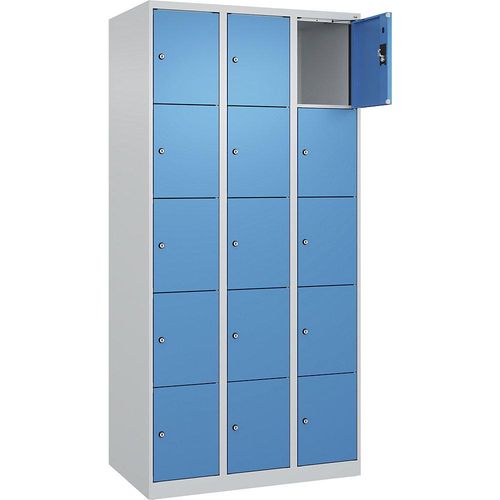4068192006015 - 5er-Schließfachschrank Evolo PLUS 3 Abteile lichtgrau lichtblau B 900 mm 15 Fächer mit Bodengleitern Zylinderschloss 4068192006015 - 5er-Schließfachschrank Evolo PLUS 3 Abteile lichtgrau lichtblau B 900 mm 15 Fächer mit Bodengleitern Zylinderschloss