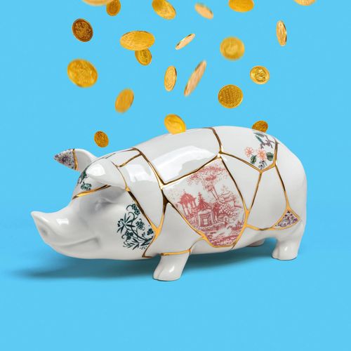 8008215215518 - SELETTI Sparschwein Kintsugi weiß   bunt Porzellan Gold