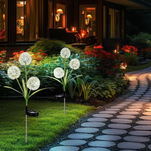 9007371523047 - Außenleuchte Gartendeko LED Solarlampe Pusteblume Erdspieß Terrassenlampe grün gelb Edelstahl Kunststoff neutralweiß DxH 23x75 cm 2er Set