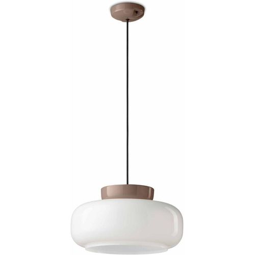 4255596709011 - Licht-erlebnisse - Hängelampe Keramik Glas d 37 cm rund h max 140 cm Mokka Weiß E27 Retro Keramikleuchte