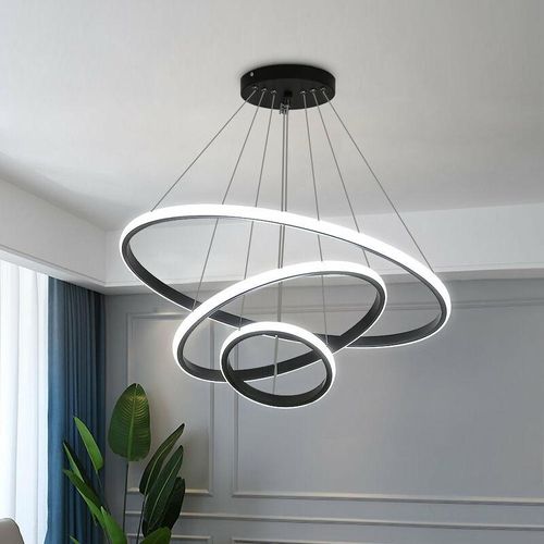 0788341954595 - Moderne LED-Hängeleuchte Aluminium LED-Lampe 76W in Kreisform mit 3 Ringen Höhenverstellbarer Hängelampe Dimmbar 3000K 4500K 6500K Schwarz - Goeco