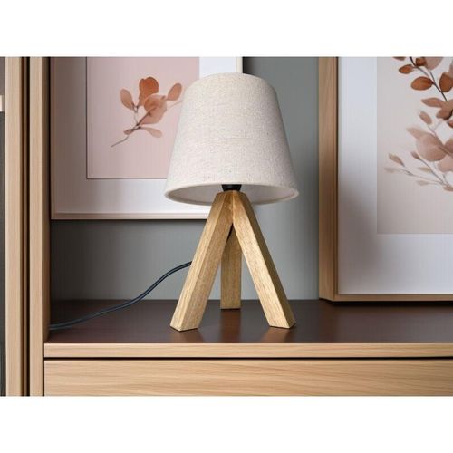 4262442798709 - Meinewunschleuchte - Kleine Tischlampe mit Dreibein aus Holz Stoffschirm Creme Weiß Höhe 27cm