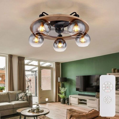 9007371488209 - Deckenventilator mit Fernbedienung Deckenleuchte Holz Ventilator Ventilatorlampe Retro Rauchglas Metall Glas 5x E27 DxH 55x215 cm 9007371488209 - Deckenventilator mit Fernbedienung Deckenleuchte Holz Ventilator Ventilatorlampe Retro Rauchglas Metall Glas 5x E27 DxH 55x215 cm