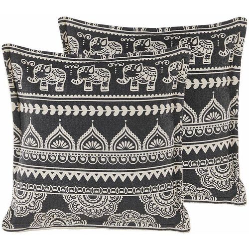 4251682264471 - Beliani - Dekokissen 2er Set Schwarz   Creme Baumwolle mit Polyester-Füllung 45x45 cm orientalisch Elefantenmotiv Accessories Wohn- u Schlafzimmer