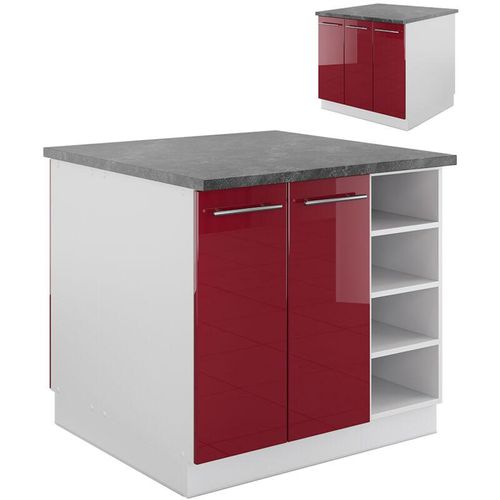 4066731195145 - Kücheninsel Küchenblock Einbauküche Fame-Line Weiß Bordeaux-Rot 90 cm modern Hochglanz Küchen Schränke Regalunterschrank Küchenunterschrank Regalinselunterschrank Softclose-Scharnier Küchenmöbel