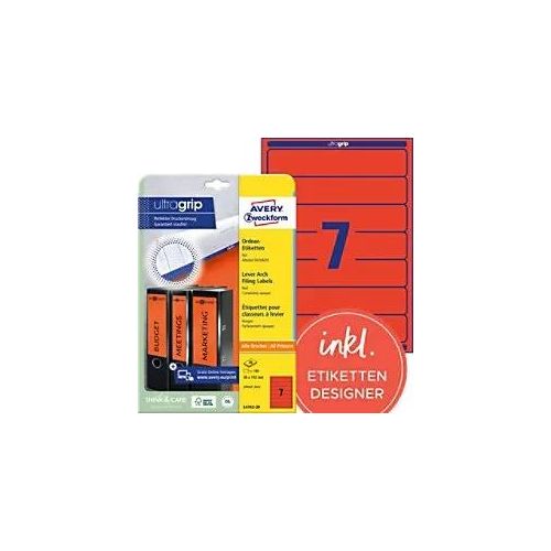 4004182047620 - Ordnerrückenetikett ultragrip schmal kurz 38 x 192 mm (b x h) selbstklebend ohne Griffloch rot 140 Etik Pack - Avery Zweckform