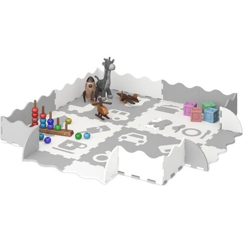 4052025502799 - Puzzlematte 2x2 Spielmatte mit Rand versch Symbole Schaumstoffmatte schadstofffrei Kindermatte grau weiß - Relaxdays