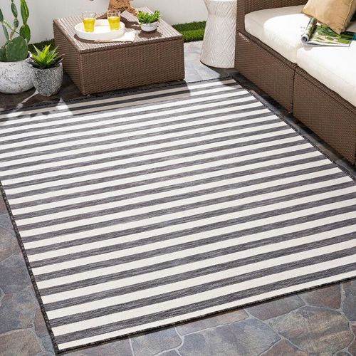 0889292191180 - Surya - In- & Outdoor Teppich Terrasse Balkon Gestreiftes Muster Schwarz und Elfenbein 80 x 150 cm