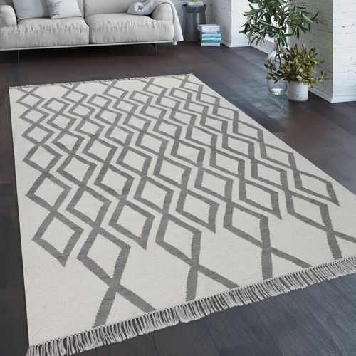 4061981120527 - Teppich Wohnzimmer Boho Stil Fransen Handgewebt Woll-Baumwoll Gemisch Grau Creme 140x200 cm - Paco Home