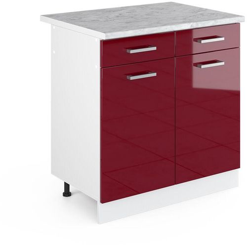 4251421935655 - Schubladenunterschrank R-Line 80 cm Weiß Bordeaux-Rot Hochglanz modern Arbeitsplatte Vicco