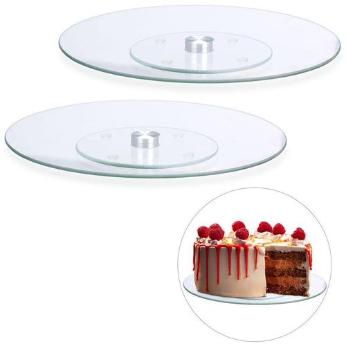 4052025298265 - Relaxdays - 2 x Tortenplatte 360º drehbar ∅ 30 cm zum Servieren & Dekorieren Kuchen runder Drehteller Glas transparent