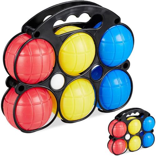 4052025281380 - Relaxdays - 2 x Boccia Spiel 12 Petanque Kugeln in 3 Farben Kunststoff mit 2 Zielkugeln & Tragekorb Boule Set für Kinder bunt