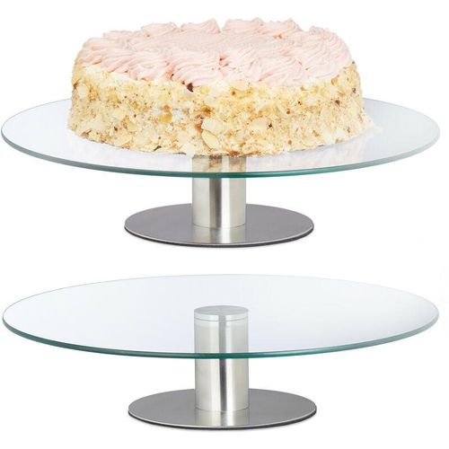 4052025445522 - Tortenplatte mit Fuß 2er Set drehbar ∅ 30 cm zum Servieren runde Kuchenplatte Glas transparent silber - Relaxdays