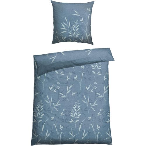 4251806425559 - Bettwäsche SCHIESSER Kicky aus weicher Baumwolle in cooler Jeansoptik mit floralen Details Gr B L 155 cm x 220 cm (1 St) B L 80 cm x 80 cm (1 St) Renforcé blau (petrol) Renforcé-Bettwäsche MADE IN GREEN by OEKO-TEX-zertifiziert