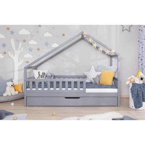 4251105973850 - TiCAA TiCAA Hausbett Bodenbett wandelbar mit asymmetrischem Lou 90 100 120 140x200 cm für Jungen & Mädchen inkl Rolllattenrost Zusatzbett & Rausfallschutz Montessori Bett aus Kiefer Massivholz