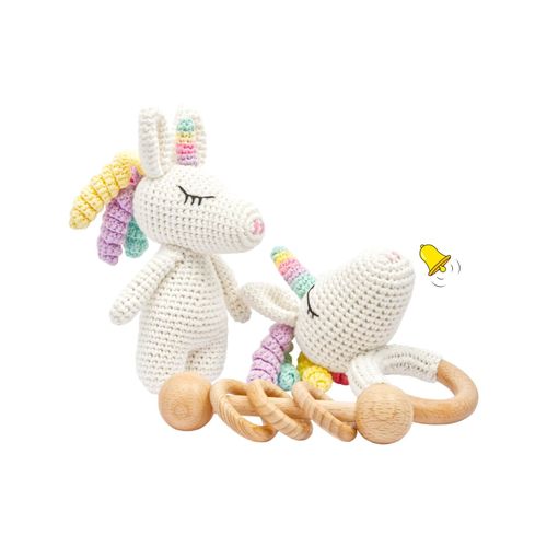 4255686400231 - Handgestrickter Einhorn Rainbow Set Babyrassel Holz Baumwolle 16 cm 4255686400231 - Handgestrickter Einhorn Rainbow Set Babyrassel Holz Baumwolle 16 cm