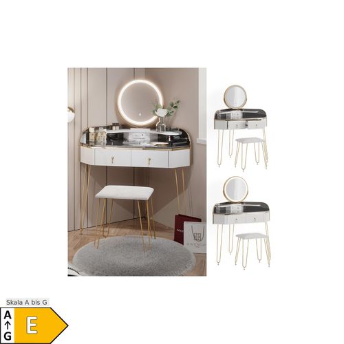 4066731230167 - Eckschminktisch Amira Weiß Hochglanz 99 cm mit led Spiegel Hocker und usb Vicco