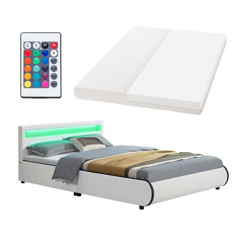 4260304765944 - Polsterbett Sevilla 140 x 200 cm mit Matratze Lattenrost led Beleuchtung & Kopfteil - Kunstleder & Holz - Bett Bettgestell Jugendbett weiß - Juskys 4260304765944 - Polsterbett Sevilla 140 x 200 cm mit Matratze Lattenrost led Beleuchtung & Kopfteil - Kunstleder & Holz - Bett Bettgestell Jugendbett weiß - Juskys