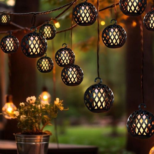 4059157385016 - LED Solar Lichterkette Aussen Solarlampe Garten Dekoration in Kugelform Flammeneffekt Kunststoff schwarz 16x LED warmweiß L 200 cm Terrasse