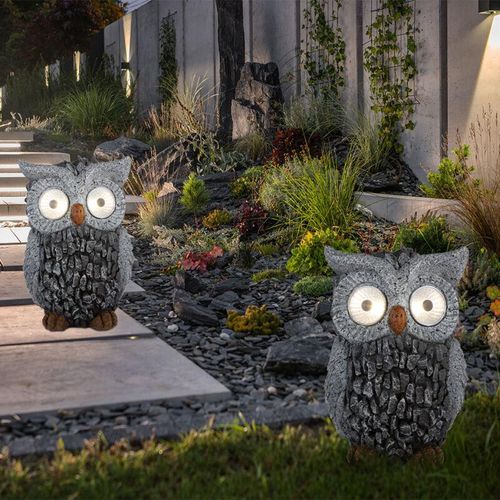 9007371501830 - - Solar Eule Gartenskulptur für Außen Gartendeko Figur Skulptur grau Akku Kunststoff 2x led 3000K LxBxH 135x115x195 cm 2er Set