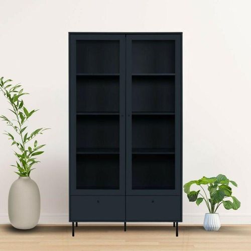 0784196611706 - Toscohome - Vitrine mit 2 Glastüren und Schublade blau navy 183x100cm - Caracas