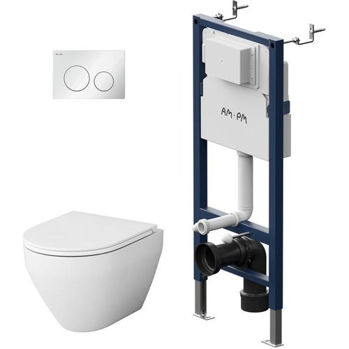 4051343107921 - Ampm - Vorwandelement II12709 inkl Drückerplatte II90151 + Wand wc CSB1700SC ohne Spülrand + WC-Sitz mit Soft-Close-Absenkautomatik - Weiß Chrom