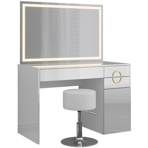 4066731340637 - Schminktisch Adela Weiß Hochglanz 115 x 764 cm mit LED-Spiegel Hocker