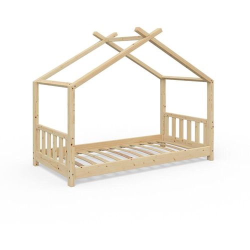 4251421941854 - VITALISPA Kinderbett Hausbett DESIGN 80x160cm Natur Zaun Kinder Holz Haus Hausbett