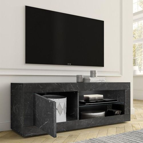 8024963421773 - Lowboard INOSIGN Basic Breite 140 cm TV-Board 1 Tür 2 offene Fächer (Glasboden) Sideboards Gr B H T 140 cm x 56 cm x 43 cm grau (marmor anthrazit) Lowboards TV-Kommode Metallgriff moderne Rahmenoptik Farbauswahl