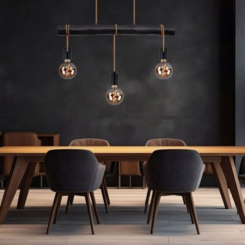 9007371495764 - Hängelampe Esstisch Pendelleuchte schwarz Wohnzimmerlampe modern Holzlampe 3-flammig Seil Höhe anpassbar Metall 3x E27 Fassung LxBxH 60x5x120 cm