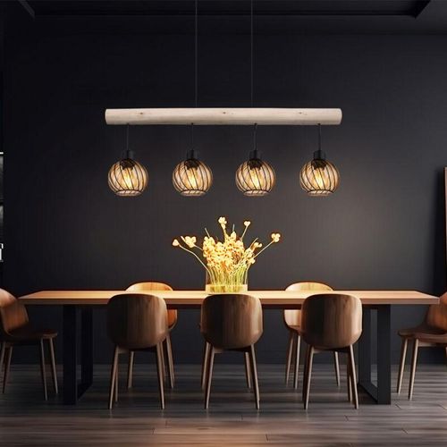 9007371505241 - Pendelleuchte Holzlampe Hängelampe Glas Höhenverstellbar Wohnzimmer 4 flammig Holzbalken Metall Schwarz amber 4x E27 Fassungen LxBxH 82x13x120 cm