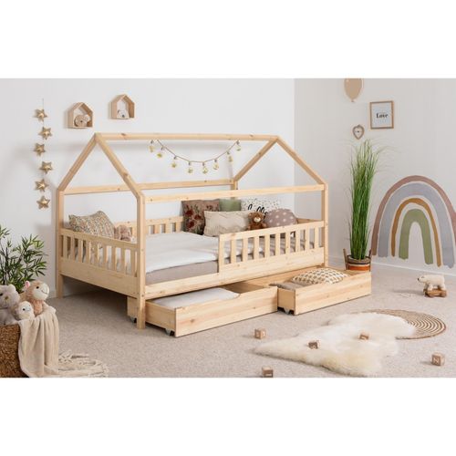 4251105969167 - TiCAA Kinderbett Hausbett Montessori Kay 90x200 100x200 cm 120x200 cm 140x200 für Jungen & Mädchen mit Schubladen Rausfallschutz & Rolllattenrost - aus Kiefer Massivholz für Kinderzimmer