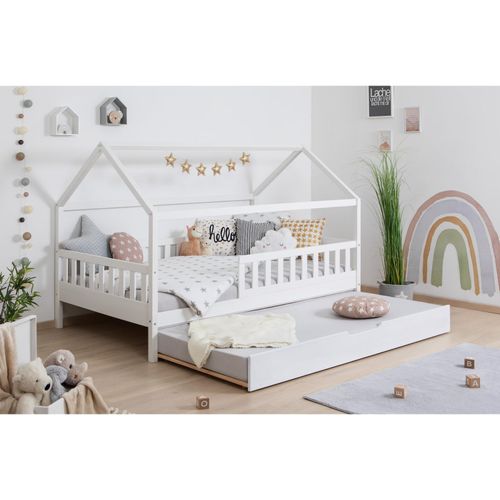4251105969334 - TiCAA TiCAA Kinderbett Hausbett Kay 90x200 cm 100x200 cm 120x200 cm 140x200 für Jungen & Mädchen inkl Rolllattenrost Matratze Zusatzbett und Rausfallschutz variabel Montessori Bett weiß aus Kiefer Massivholz