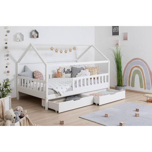 4251105969068 - TiCAA Kinderbett Hausbett Montessori Kay 90x200 100x200 cm 120x200 cm 140x200 für Jungen & Mädchen mit Schubladen Rausfallschutz & Rolllattenrost - aus Kiefer Massivholz für Kinderzimmer