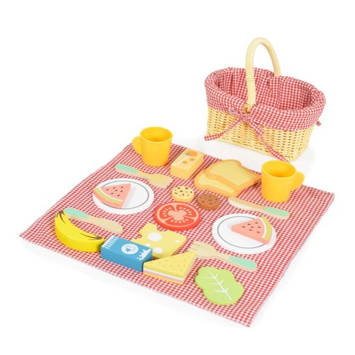 6972633375678 - Tooky Toy Spielzeug Picknickkorb TK454 Holz Picknickdecke Teller Lebensmittel rot