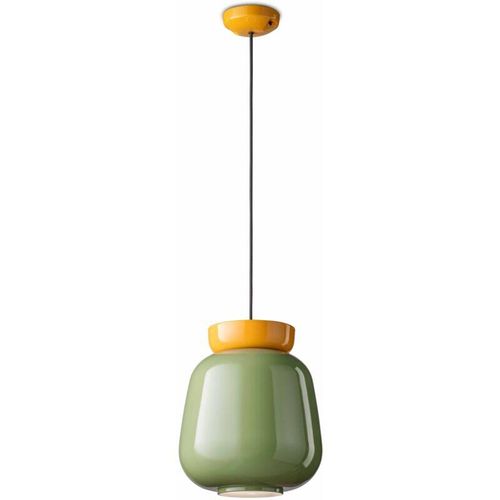 4255596706805 - Licht-erlebnisse - Hängeleuchte Keramik Glas ø 29 cm rund h max 154 cm Gelb Farngrün E27 Retro Keramikleuchte 4255596706805 - Licht-erlebnisse - Hängeleuchte Keramik Glas ø 29 cm rund h max 154 cm Gelb Farngrün E27 Retro Keramikleuchte