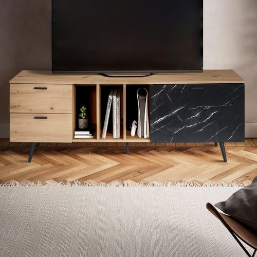 4251757720659 - Finebuy - Lowboard Eiche-Dekor mit Marmor-Look in Schwarz 150x55x40 cm TV-Kommode Design TV-Schrank Hoch Modern Fernsehtisch Fernsehschrank mit Tür 4251757720659 - Finebuy - Lowboard Eiche-Dekor mit Marmor-Look in Schwarz 150x55x40 cm TV-Kommode Design TV-Schrank Hoch Modern Fernsehtisch Fernsehschrank mit Tür