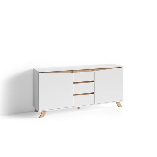 4251942206319 - Sideboard VALENTIN Kommode matt weiß mit Absetzung in Eiche-Optik Schrank mit 2 Türen und 3 Schubkästen Im Scandi-Style Grifflos B 4251942206319 - Sideboard VALENTIN Kommode matt weiß mit Absetzung in Eiche-Optik Schrank mit 2 Türen und 3 Schubkästen Im Scandi-Style Grifflos B