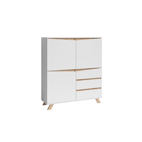 4251942206333 - Byliving - Highboard valentin Sideboard matt weiß mit Absetzung in Eiche-Optik Wohnzimmer-Schrank mit 3 Türen und 3 Schubkästen Im Scandi-Style 4251942206333 - Byliving - Highboard valentin Sideboard matt weiß mit Absetzung in Eiche-Optik Wohnzimmer-Schrank mit 3 Türen und 3 Schubkästen Im Scandi-Style
