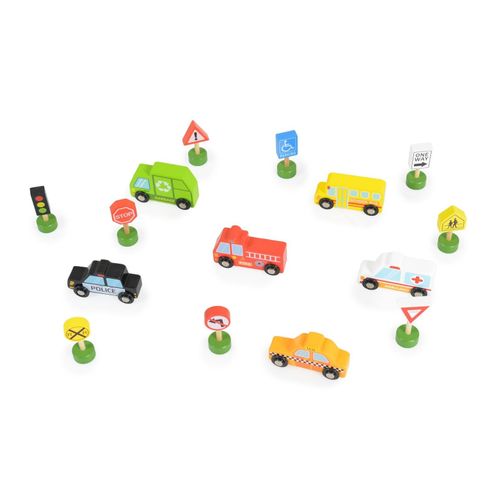 6970090048333 - Tooky Toy Spielzeugautos 16-teilig TKF050 Holz-Setzkasten Transport Schilder bunt