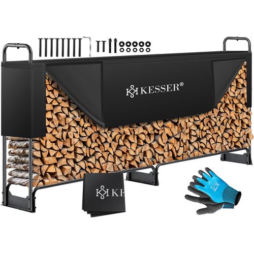 4255598310932 - KESSER® Kaminholzregal Metall Brennholzregal außen Stahlrahmen + Abdeckung & Handschuhe Kaminholzunterstand 200kg Wasserdichter Holzlager Holzstapelhilfe für Garten Terrasse