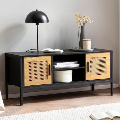4251757720871 - Finebuy - Lowboard Schwarz   Eiche mit Wiener Geflecht 110x48x40 cm TV-Kommode Zeitlos Design TV-Schrank Hoch Fernsehtisch Fernsehschrank mit