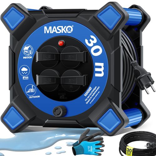 4255598333078 - MASKO® Kabeltrommel Verlängerungskabel mit Schutzkontaktsteckdosen & Wickelgriff Outdoor Kabelaufroller Thermoschutz Gerätetrommel IP44 1000W ~ 3000W inkl Tragegriff und Montagehandschuhe