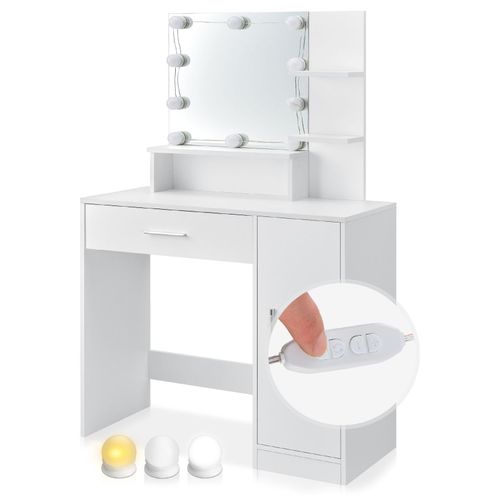 4260565523383 - Schminktisch Zoey mit led Beleuchtung Spiegel Schublade 3 Fächer & Schrank 90 x 38 x 137 cm weiß Holz Frisiertisch Kosmetiktisch - Juskys 4260565523383 - Schminktisch Zoey mit led Beleuchtung Spiegel Schublade 3 Fächer & Schrank 90 x 38 x 137 cm weiß Holz Frisiertisch Kosmetiktisch - Juskys