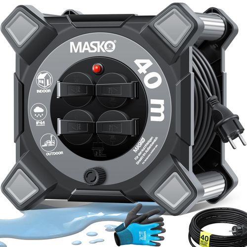 4255598333108 - MASKO® Kabeltrommel Verlängerungskabel mit Schutzkontaktsteckdosen & Wickelgriff Outdoor Kabelaufroller Thermoschutz Gerätetrommel IP44 1000W ~ 3000W inkl Tragegriff und Montagehandschuhe