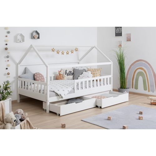 4251105969075 - TiCAA Kinderbett Hausbett Montessori Kay 90x200 100x200 cm 120x200 cm 140x200 für Jungen & Mädchen mit Schubladen Rausfallschutz & Rolllattenrost - aus Kiefer Massivholz für Kinderzimmer