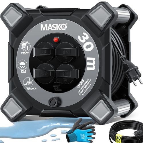 4255598333054 - MASKO® Kabeltrommel Verlängerungskabel mit Schutzkontaktsteckdosen & Wickelgriff Outdoor Kabelaufroller Thermoschutz Gerätetrommel IP44 1000W ~ 3000W inkl Tragegriff und Montagehandschuhe